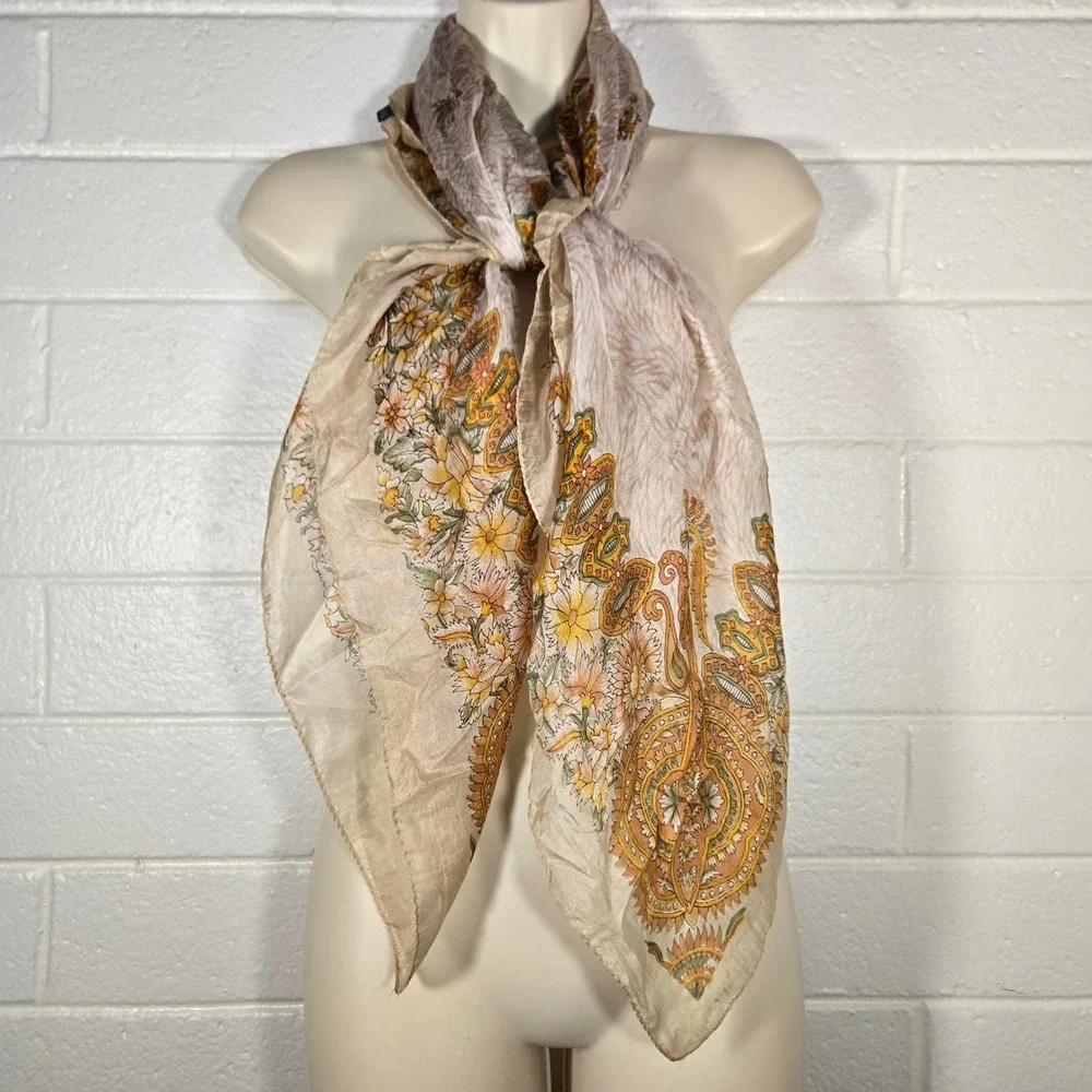 100% Pure Silk Square Scarf India Boho Bag Hair Ascott Ethnic Print Warm Colors‎